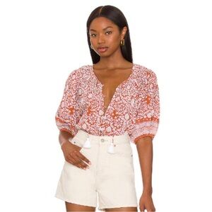 Cleobella 100% Organic Cotton Orange White Floral Button Down Short Sleeve Top S